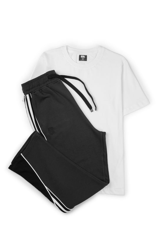 White T-shirt + Black joggers wide leg set